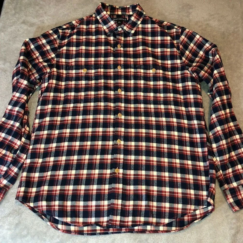 J.CREW Mercantile Mens Navy Blue Cream Plaid Flannel Long Sleeve Shirt